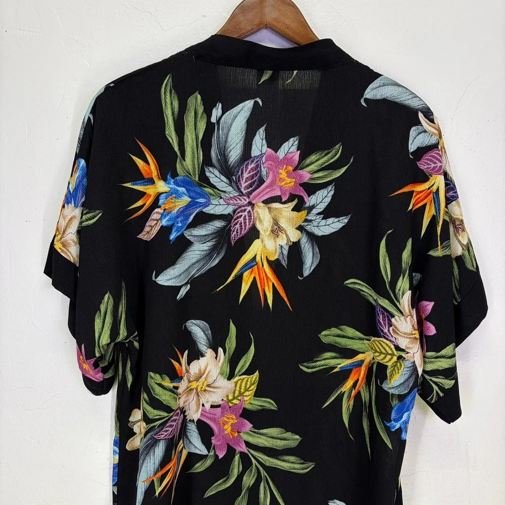 Kona Sol Womens Kimono Cover Up S/M Black Tropical Floral Bird of Paradise Wrap